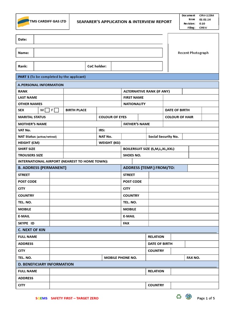 Seafarer's Application Report Template | PDF | Ships