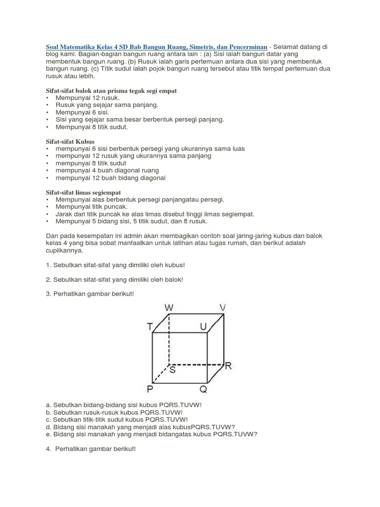 Contoh Latihan Soal: Soal Matematika Kelas 6 Sd Materi Bangun Ruang
