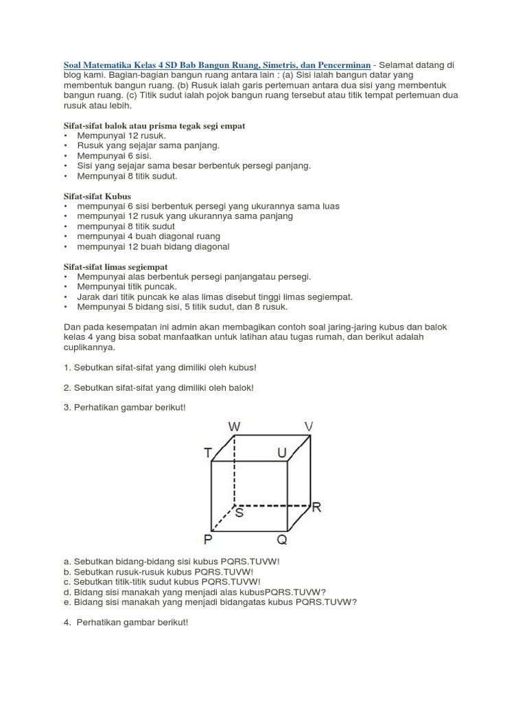 Soal Matematika Kelas 4 Sd Bab Bangun Ruang