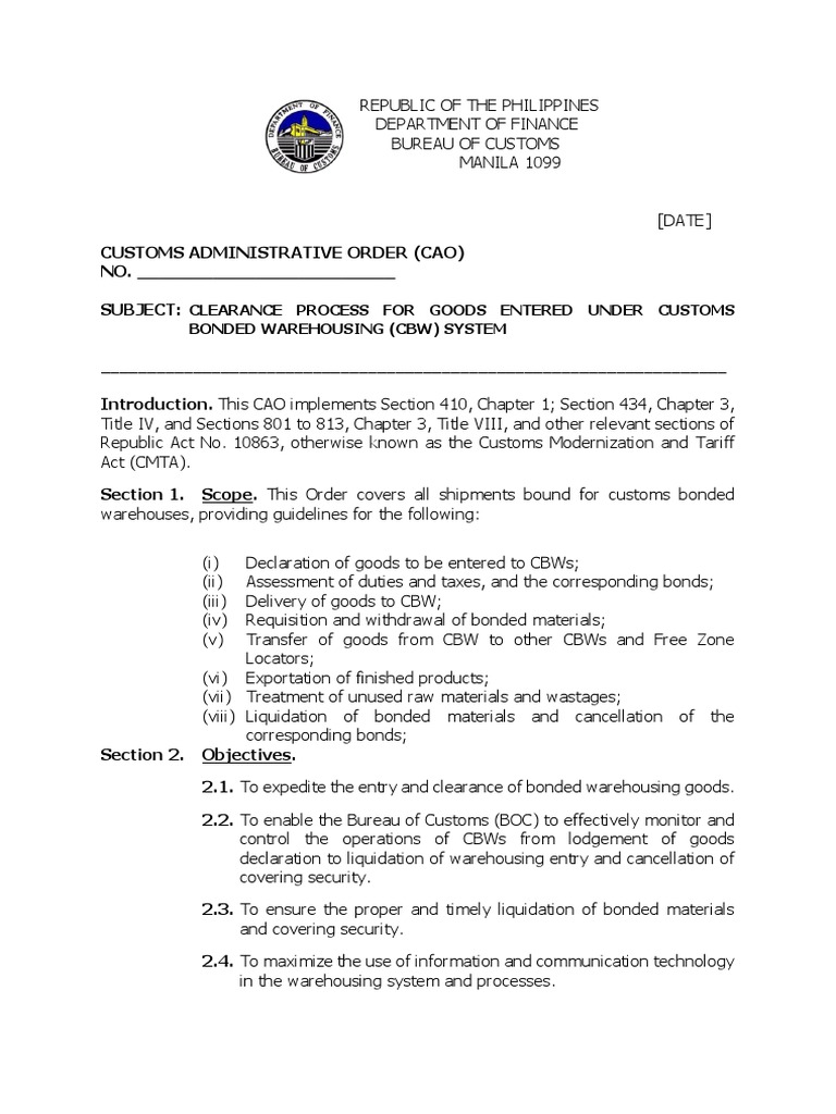 Draft Clearance Process For Goods Entered Under PH Customs Bonded ...