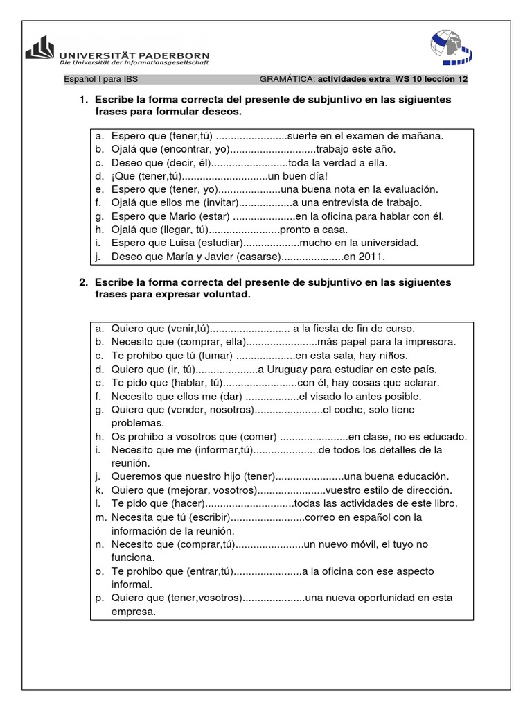 Ejercicios De Presente De Subjuntivo Pdf