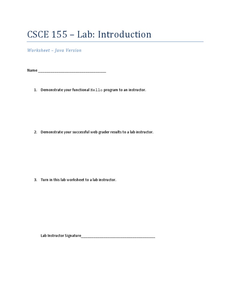 Java Lab Worksheet for Students | PDF