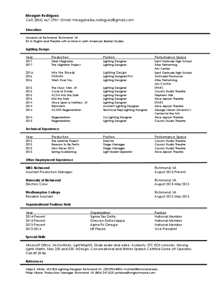 Meagan Rodriguez: Lighting Designer Resume | PDF | Theatre | Leisure