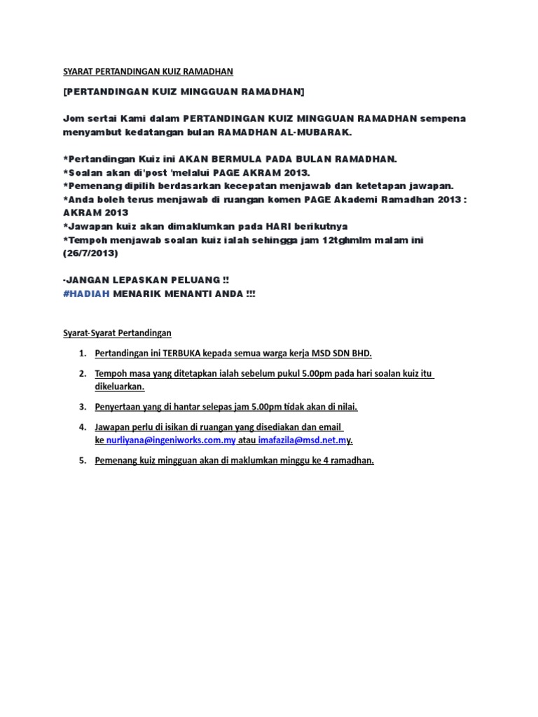 Syarat Pertandingan Kuiz Ramadhan Pdf