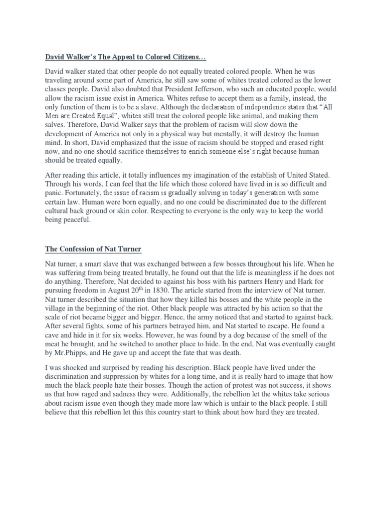 David Walker's The Appeal To Colored Citizens PDF Nat Turner Racism