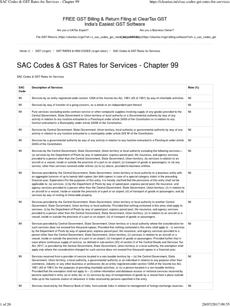 SAC Codes & GST Rates for Services Chapter 99 Containerization Transport
