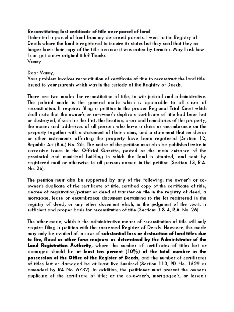 Reconstituting Lost Certificate of Title Over Parcel of Land PDF