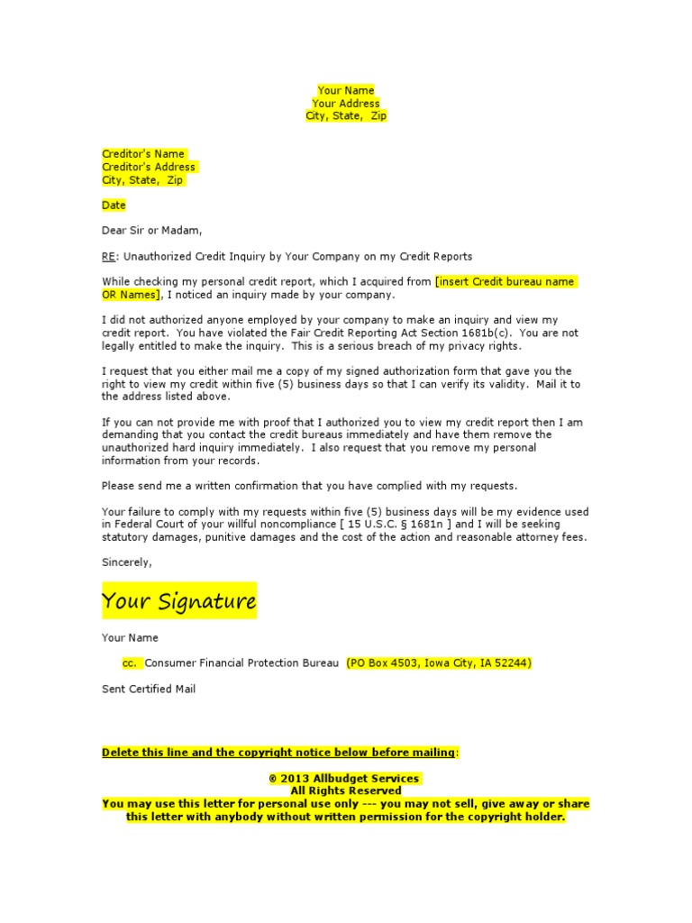 Credit Inquiry Removal Letter Pdf