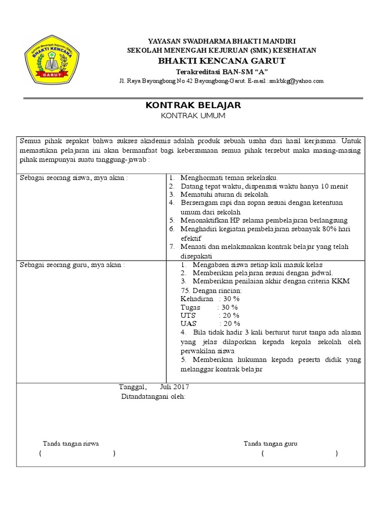 Contoh Kontrak Belajar Siswa SMK | PDF