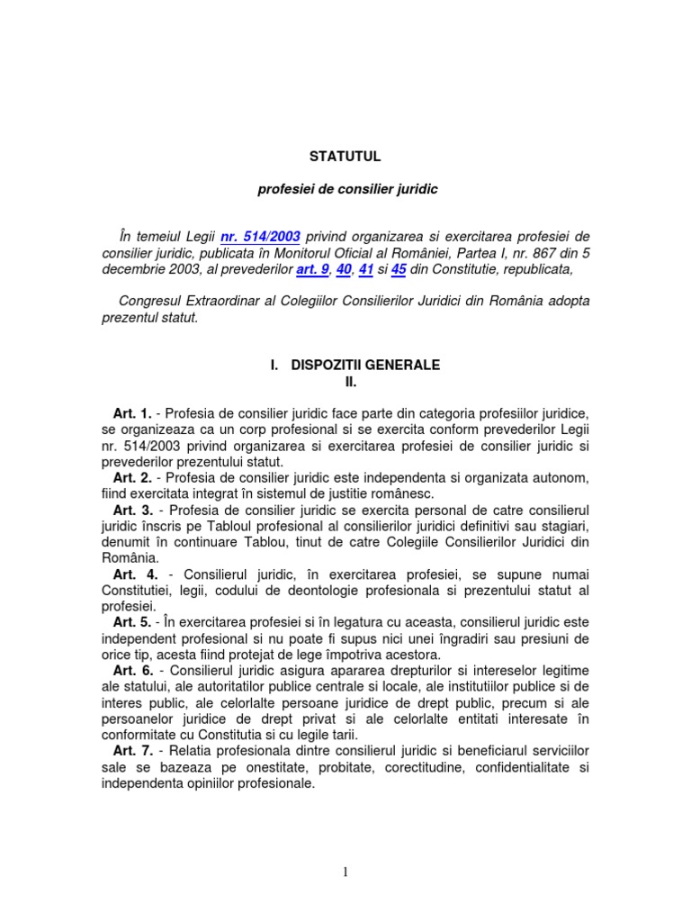 Statutul-Profesiei-De-Consilier-Juridic PDF | PDF