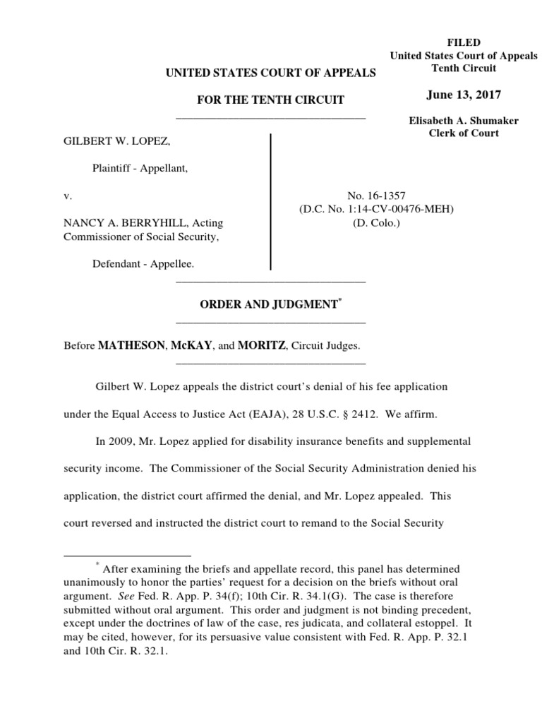 Lopez v. Berryhill, 10th Cir. (2017) PDF Equal Access To Justice