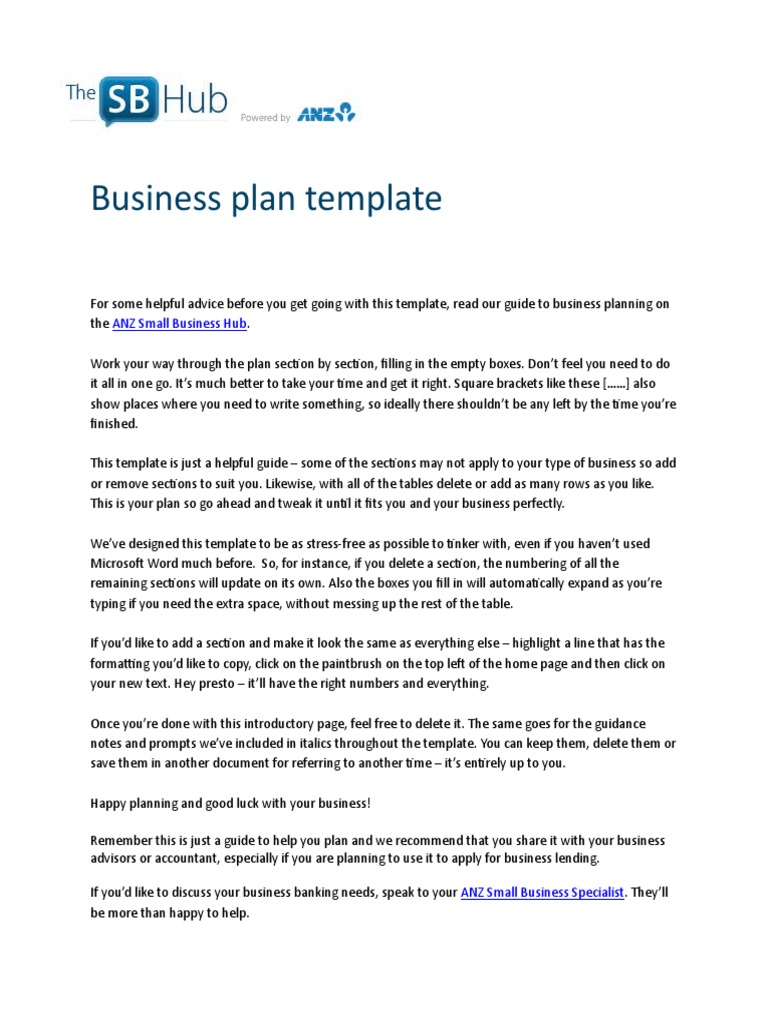 anz bank business plan template