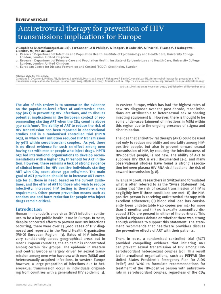 ART for HIV Prevention in Europe | PDF | Management Of Hiv/Aids | Hiv/Aids