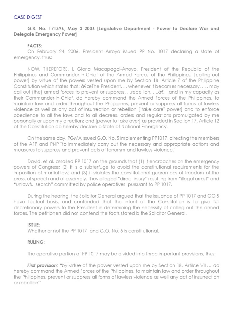 G r no 171396 may 3 2006 legislative department power to declare