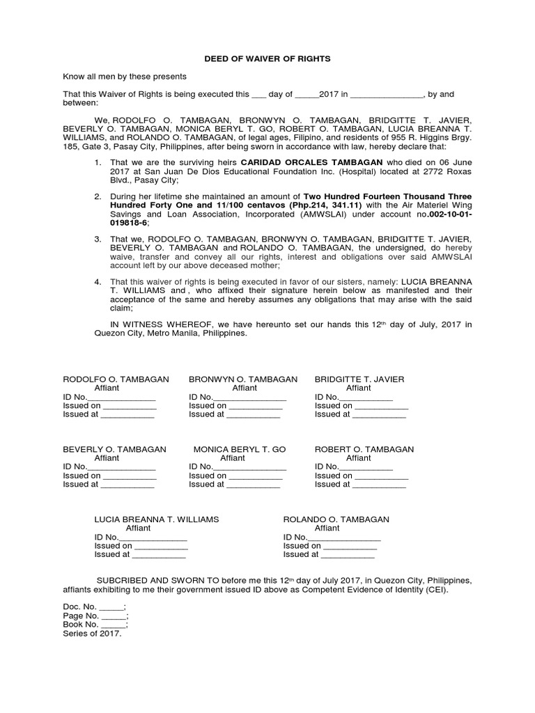 letter agreement guardianship Law of Common of Philippines  Rights Waiver   Deed