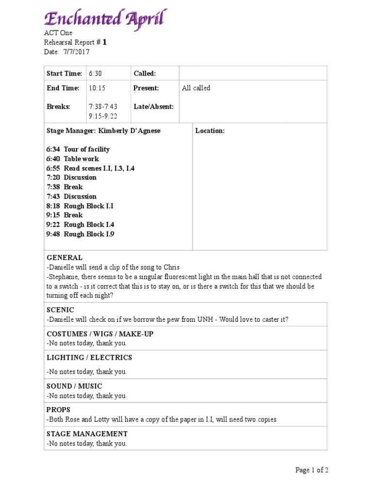 Sample Rehearsal Report  PDF Intended For Rehearsal Report Template