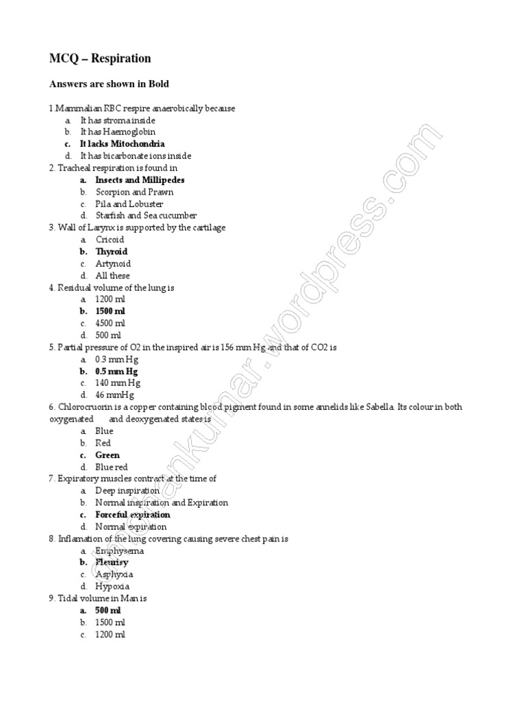 Respiration 1 MCQ 12 Nos With Key PDF PDF Respiratory System
