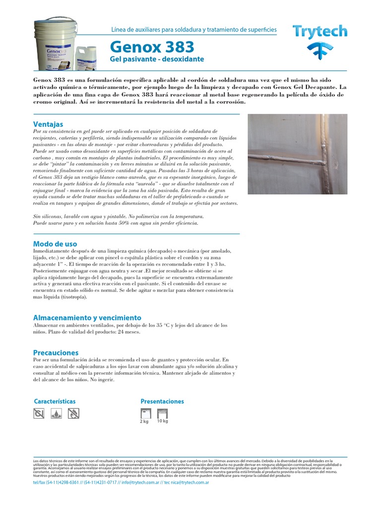 Gel Pasivante Genox 383: Uso y Ventajas | PDF | Soldadura | Construcción