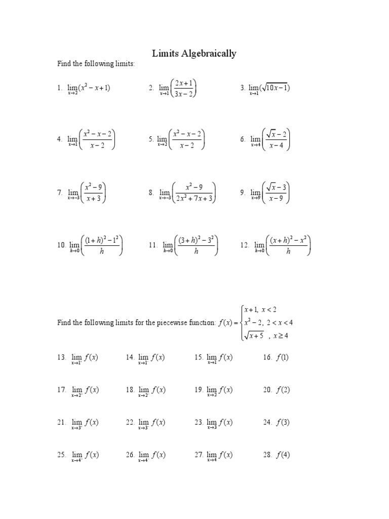 Limits Algebraically 1 Ws 4 | PDF