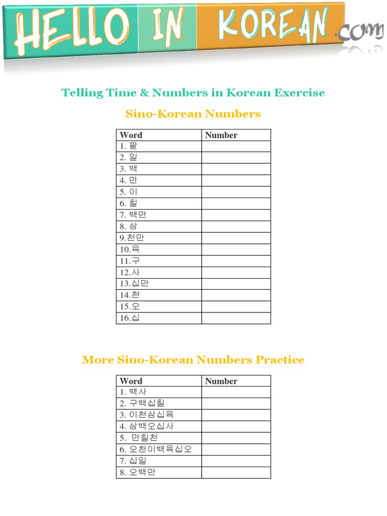 Telling Time Numbers in Korean Exercise PDF