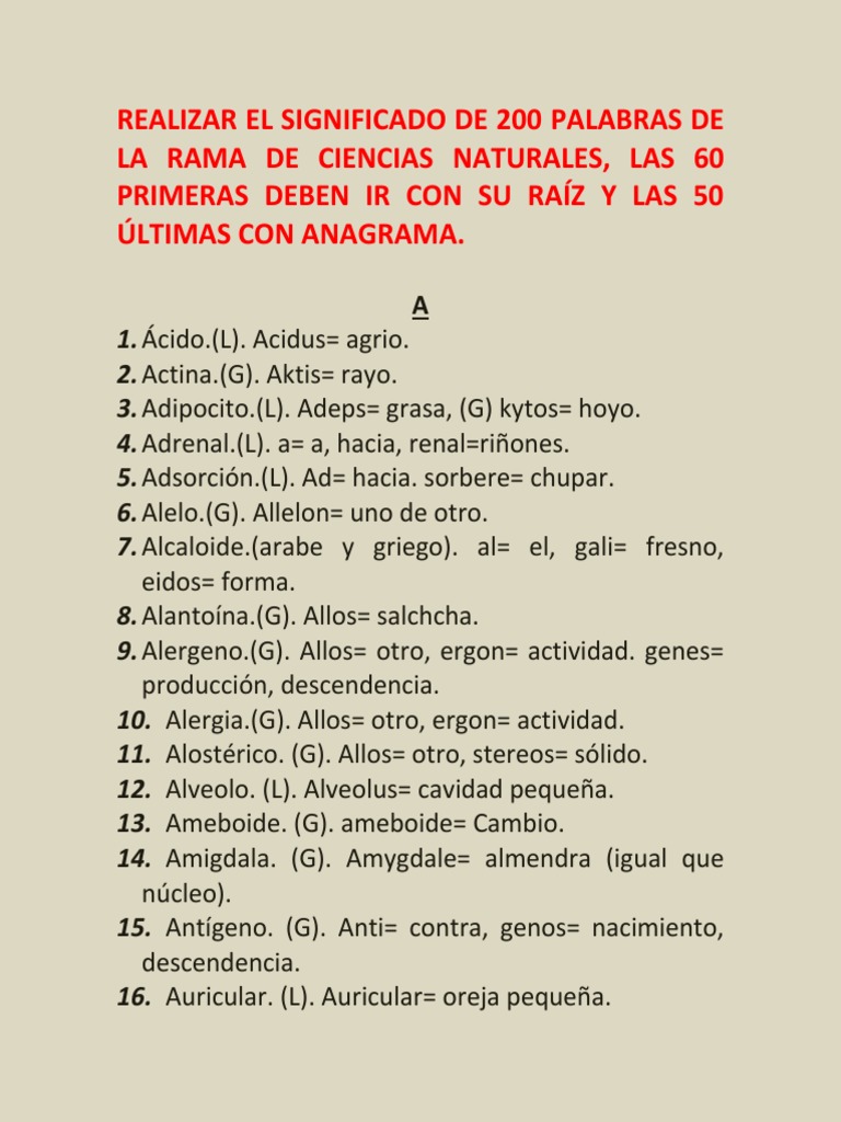 Realizar El Significado de 50 Palabras de La Rama de Ciencias Naturales ...