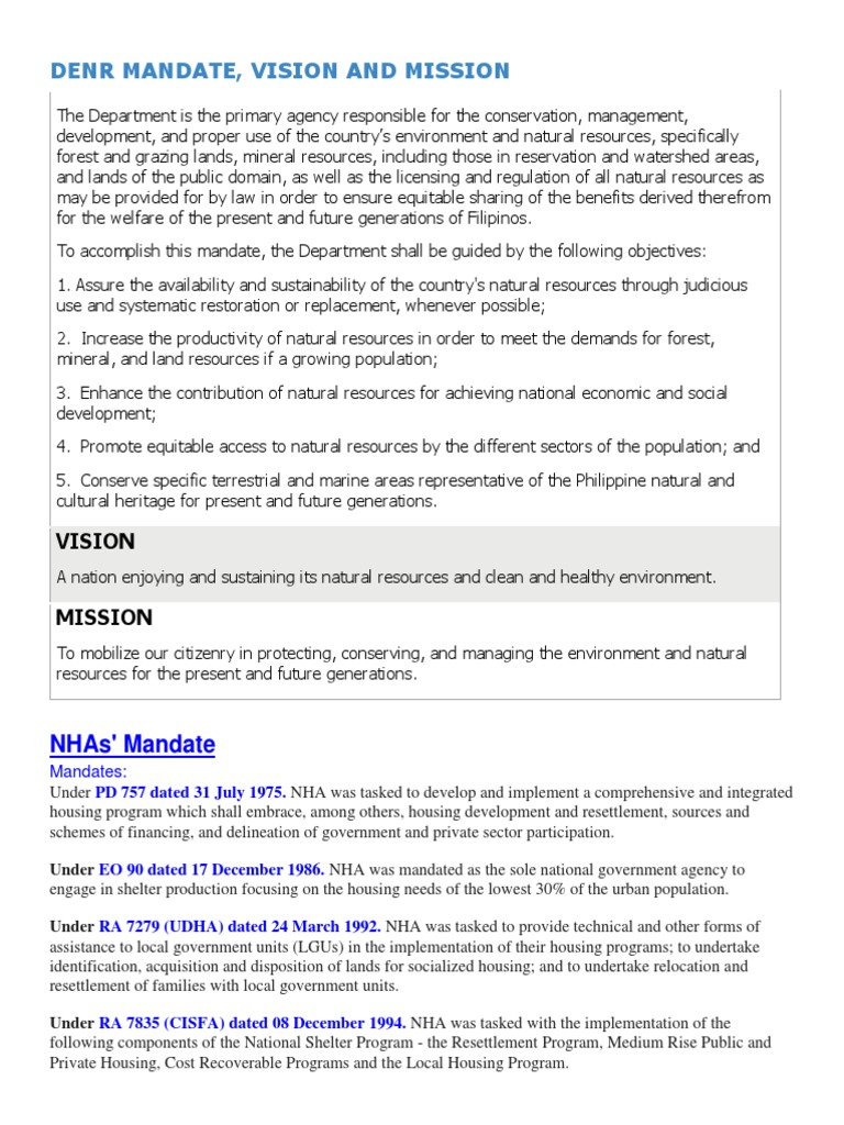 Denr Mandate, Vision and Mission | PDF | Mortgage Loan | Public Housing