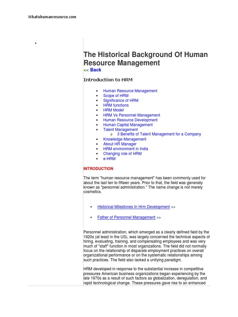 The Historical Background of Human Resource Management PDF Human