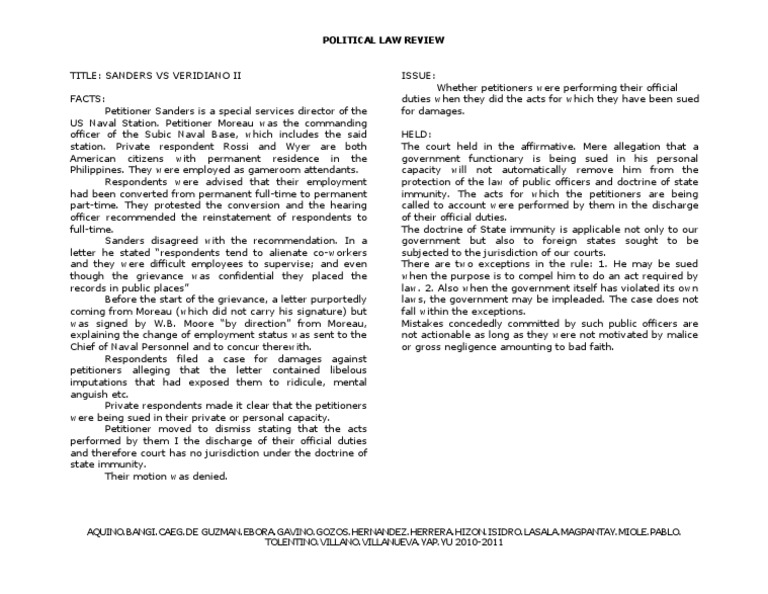 Sanders Vs Veridiano II PDF Government Justice