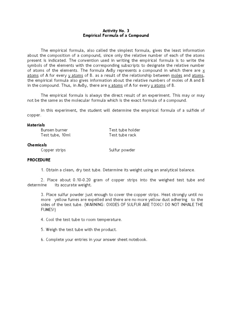 Activity No. 3 Empirical Formula of A Compound PDF Titration Chemistry