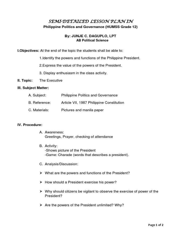 Semi-Detailed Lesson Plan In: Philippine Politics and Governance (HUMSS ...
