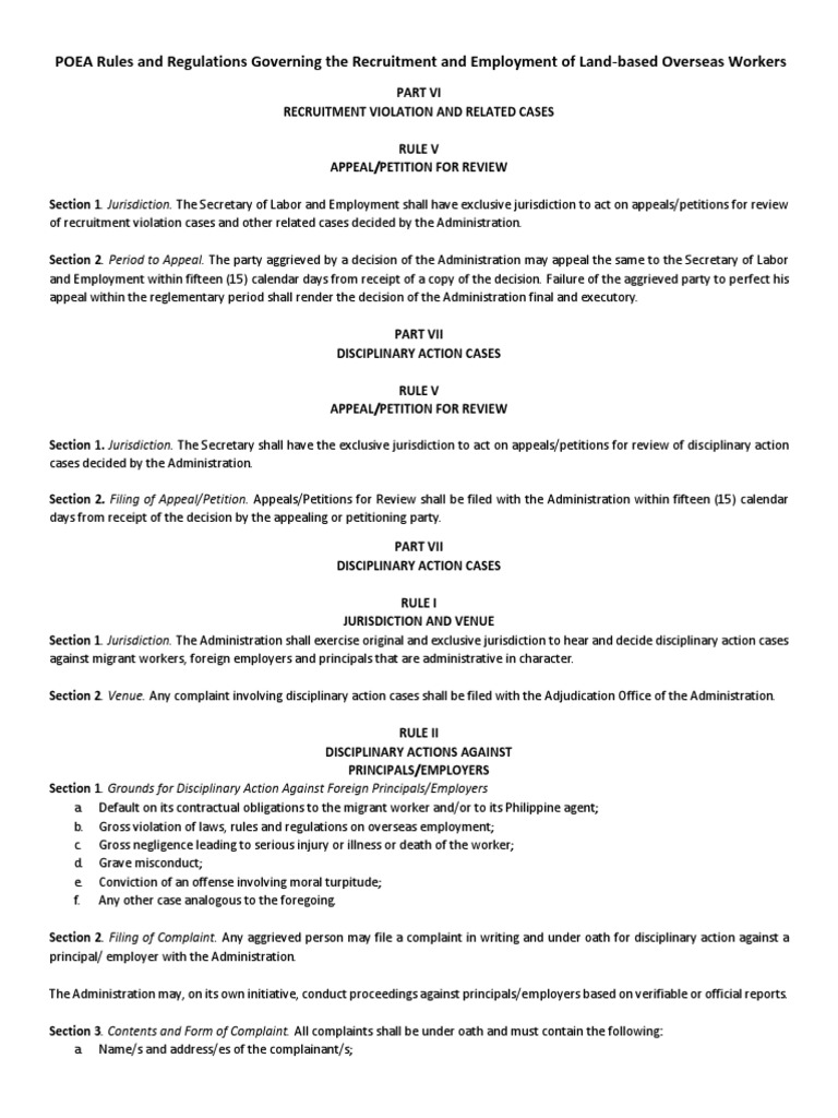 POEA Rules and Regulations Governing The Recruitment and Employment of