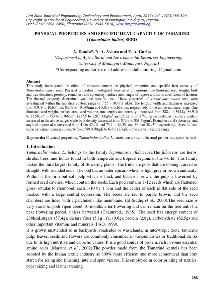 Physical Properties and Specific Heat Capacity of Tamarind (Tamarindus ...
