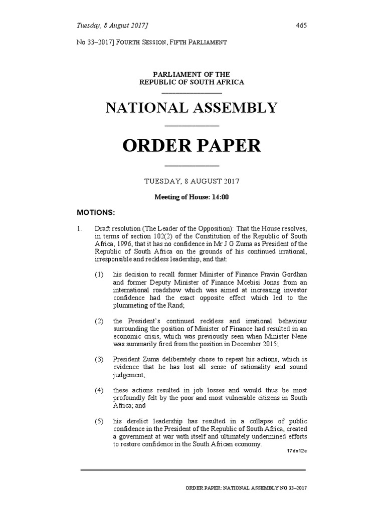Order Paper National Assembly Committee Government Free 30day