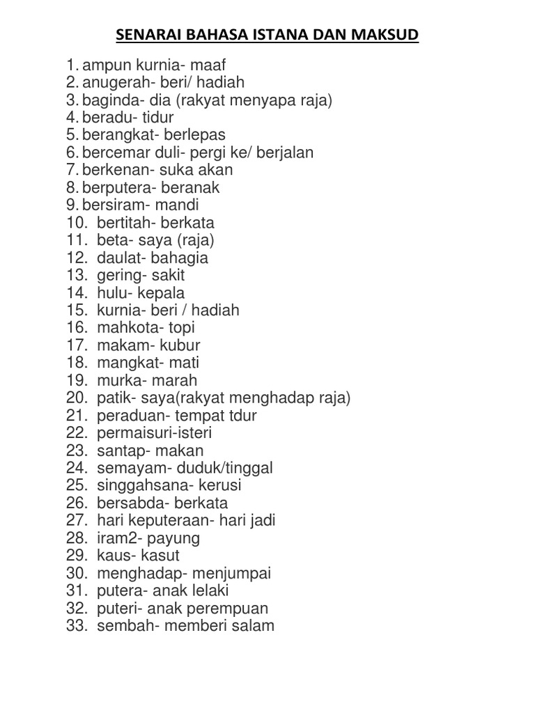 Bahasa Istana Dan Maksudnya
