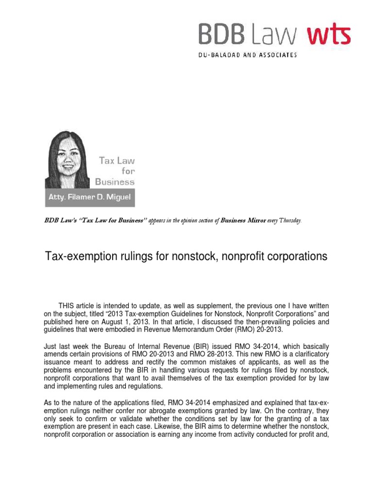 TaxExemption Rulings For Nonstock, Nonprofit Corporations FDM 9.25.