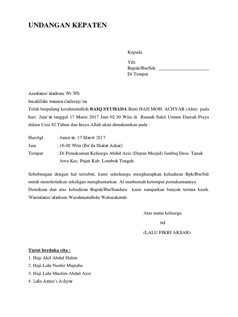 Contoh Surat Berita Duka Cita - Master Soal