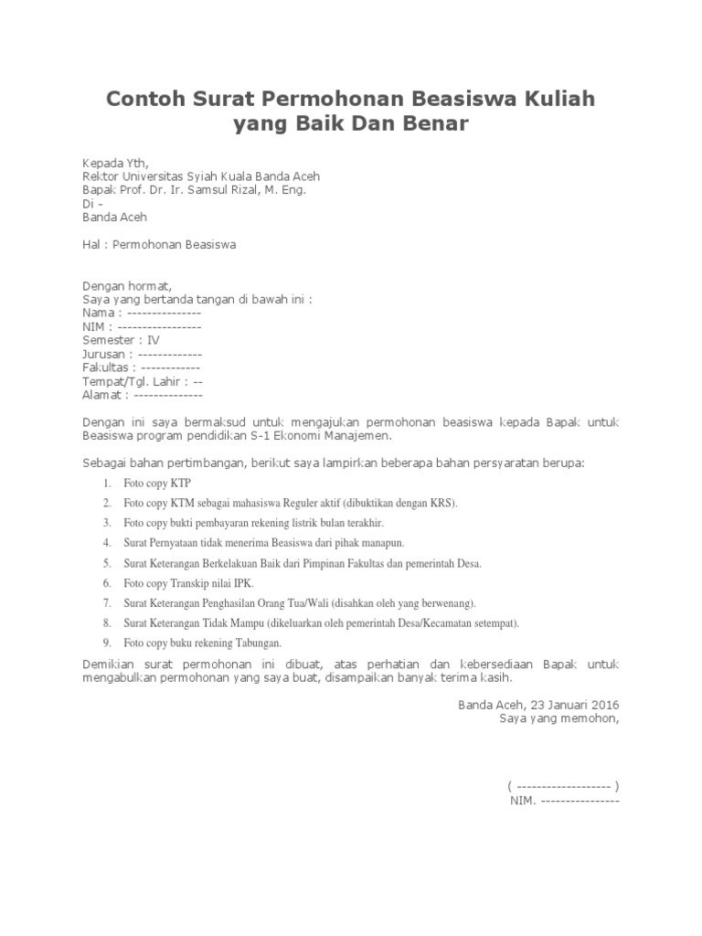 Contoh Surat Permohonan Beasiswa Kuliah Yang Baik Dan Benar