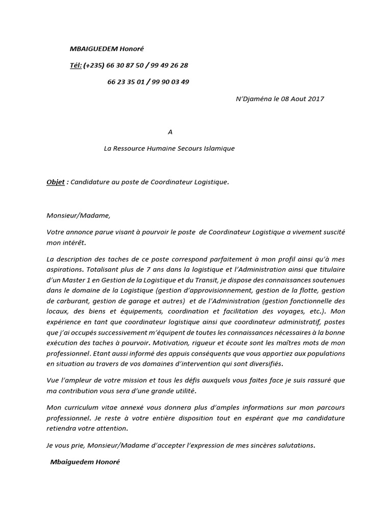 Lettre de Motivation Coordinateur Logistique