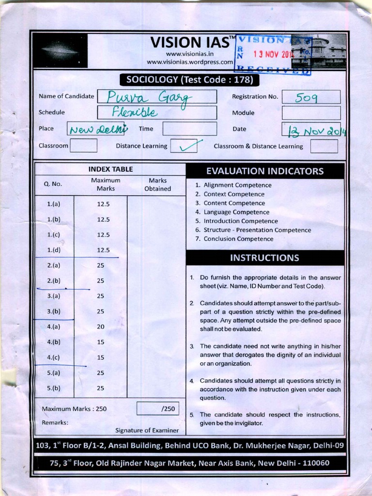 Topper Answer Booklet 1 - Sociology (Rank - 79, 2014) - Purva Garg PDF