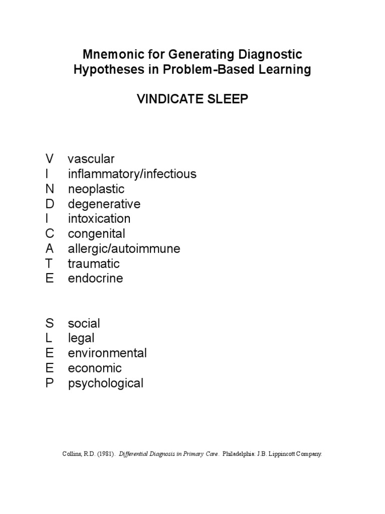 VINDICATE Sleep Differential Diagnosis | PDF | Self-Improvement
