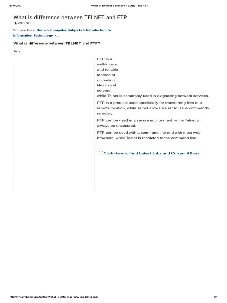 Telnet vs FTP: Key Differences | PDF | File Transfer Protocol ...