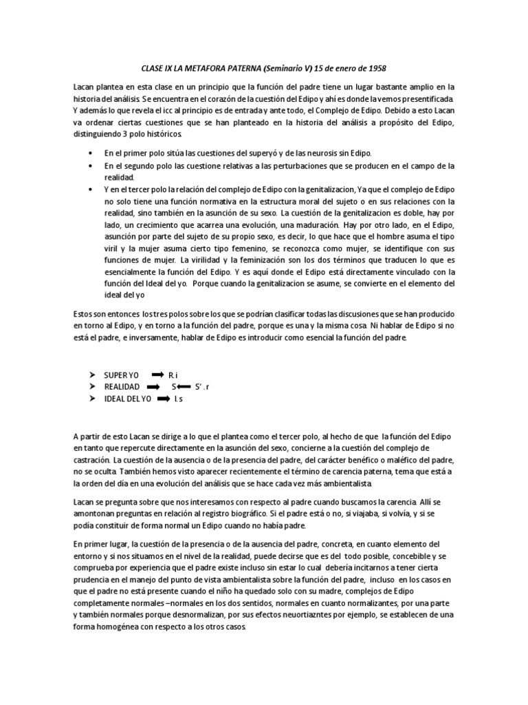 Clase Ix La Metafora Paterna | PDF | Complejo de Edipo | Jacques Lacan