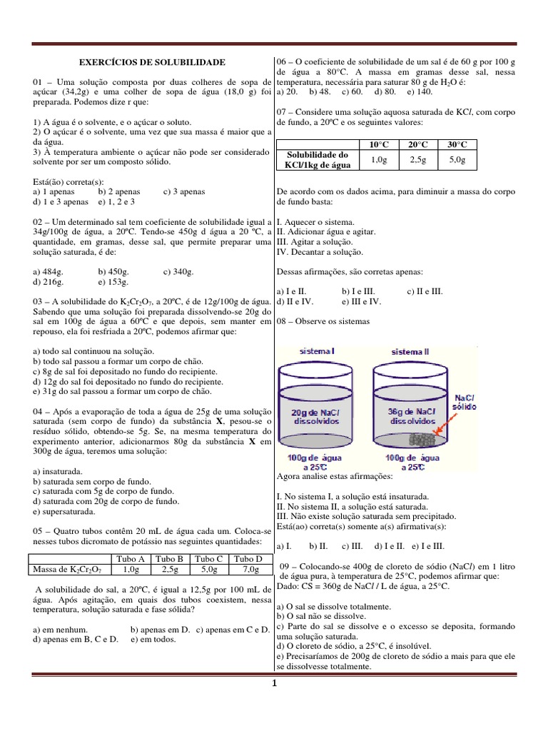 Exercicios de Coeficiente de Solubilidade | PDF | Solubilidade | Solução