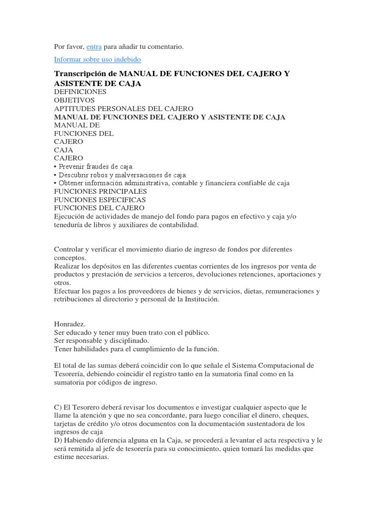 Manual de Funciones del Cajero y Asistente | PDF | Contabilidad | Economias