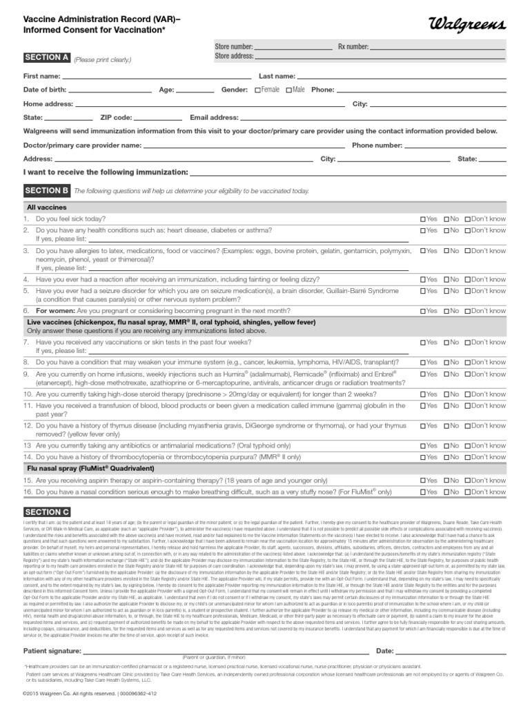 Walgreen's Vaccination Form | PDF | Health Professional | Health Care for Free Printable Flu Vaccine Consent Form