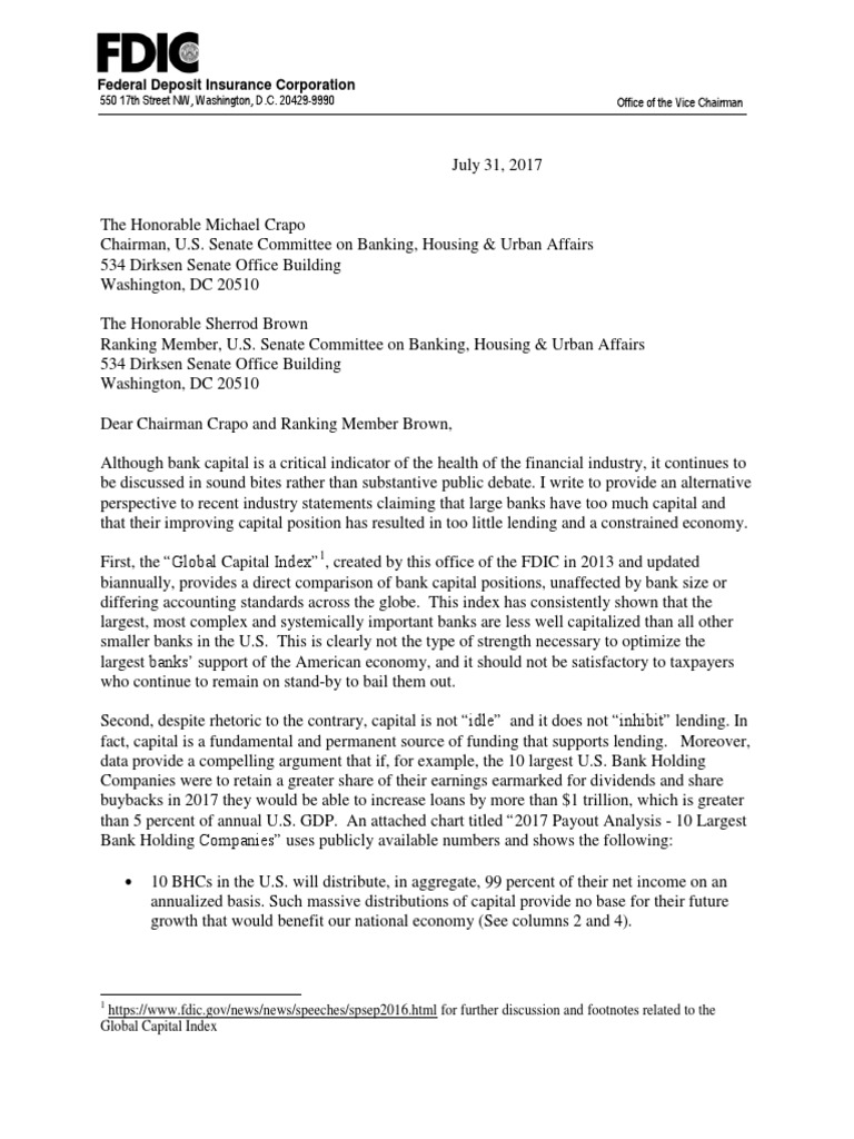 FDIC Chairman Earnings and Loan Growth Letter to U.S. Senate Banking Committee 7312017