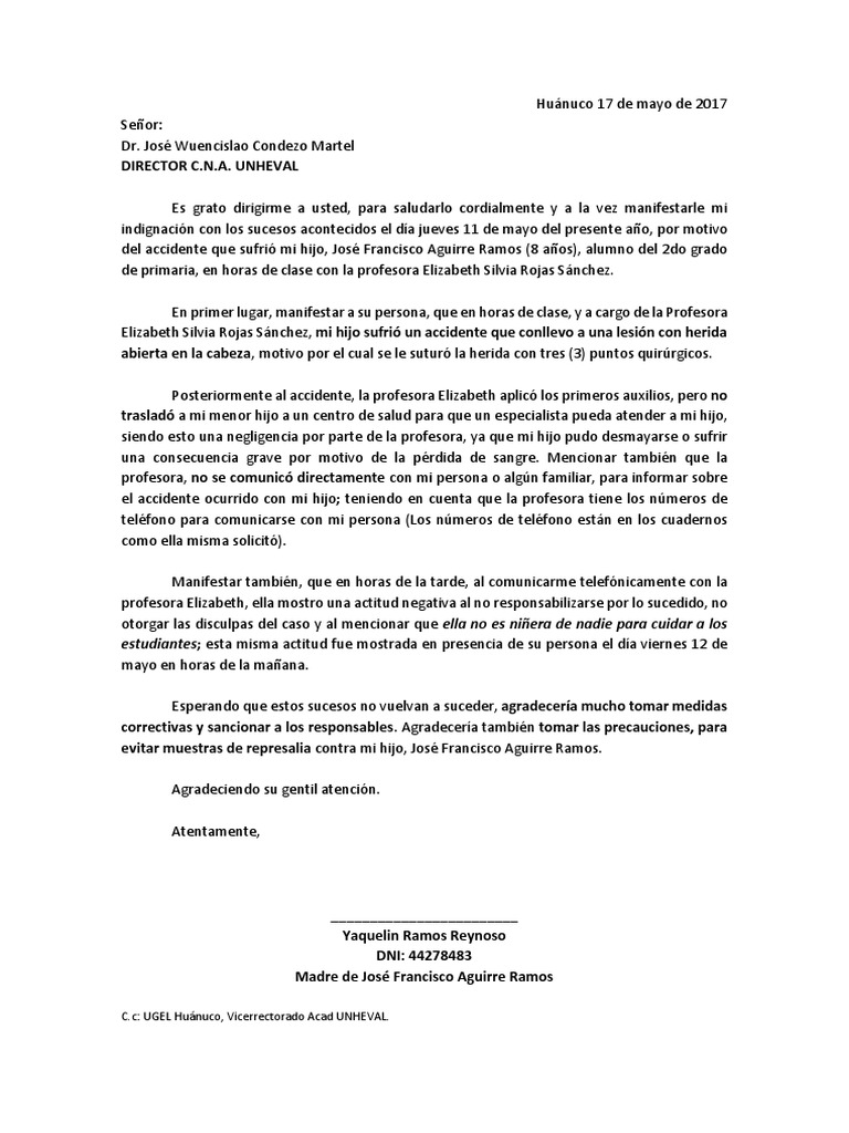 Modelo Carta de Reclamo Colegio Violencia Agitación