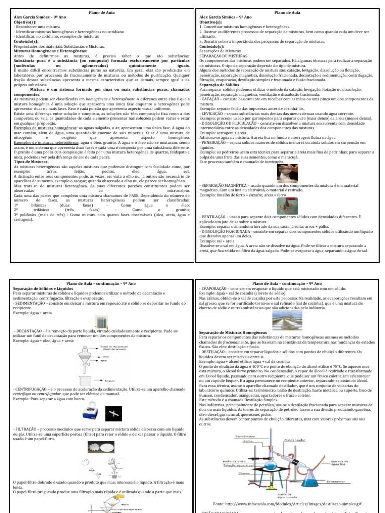 Plano-De-Aula 8º e 9º - Substancias e Misturas - Separação de Misturas e Os  Sentidos | PDF | Mistura | Substancias químicas, image size:768x1024