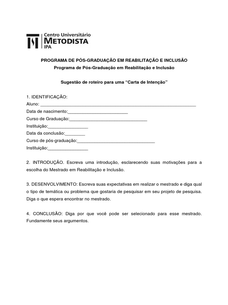 Modelo Carta de Intenção Mestrado
