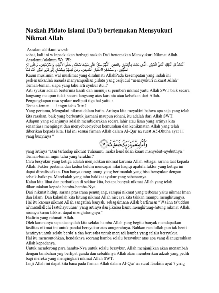 Contoh Naskah Pidato Islami Da I Bertemakan Mensyukuri Nikmat Allah
